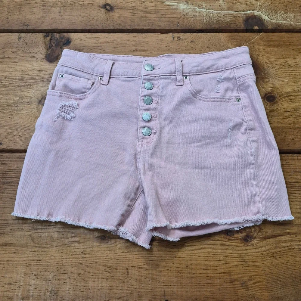 Time and Tru Womens Pink High Rise Button Fly Distressed Denim Shorts Size 8